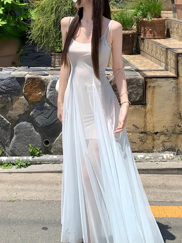 Aiertu  -  Summer Elegant Lace Midi Dress Women Casual Y2K Beach Evening Party Sleeveless Strap Dress One Piece Dress Korean Fashion Chic Aiertu