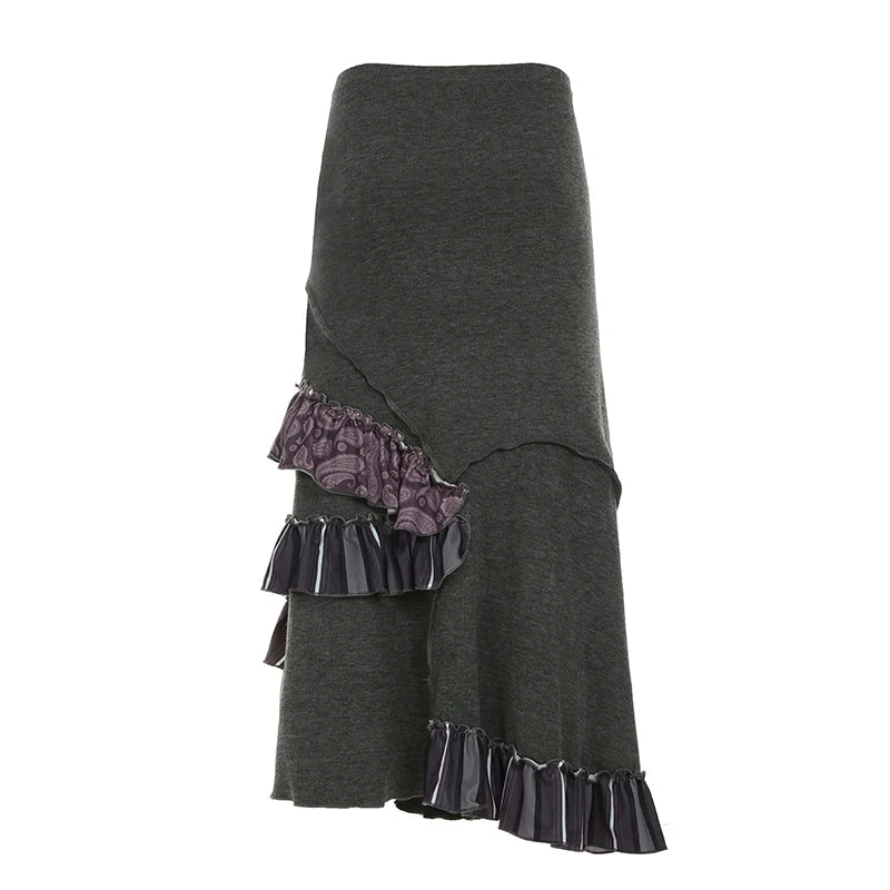 Aiertu  -  Irregular Ruffled Design Knitted Long Skirt Y2K Aesthetic Women Stylish Winter Skirts Vintage Chic High Street Outfit Aiertu
