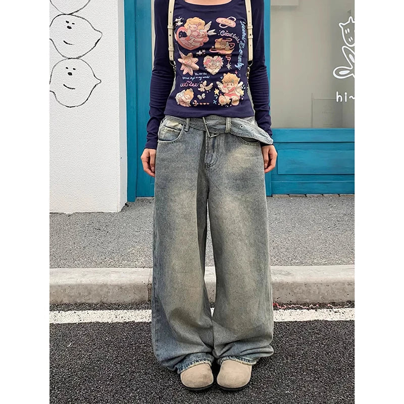Aiertu  High Waist Womens Jeans Vintage Straight Baggy Print Pants Streetwear American Fashion Y2K Casual Wide Leg Denim Trouser Aiertu