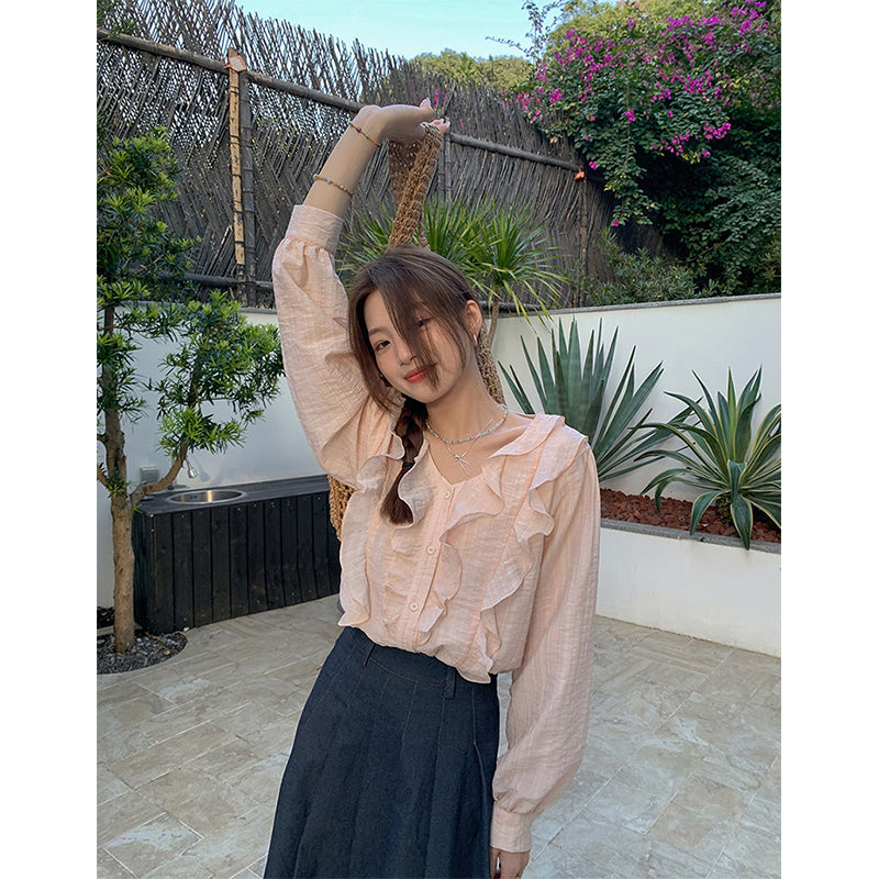 Aiertu Sweet Ruffles Shirts Women Korean Pink V Neck Long Sleeve Blouses Summer Ladies Fashion Elegant Loose Casual Chic Tops New Aiertu