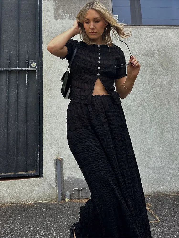 Aiertu  -  Elegant 2 Pieces Suit Women O-neck Short Sleeve Single Breasted Shirt Pleated Long Skirt Female Set 2025 Spring Summer Lady Sets Aiertu