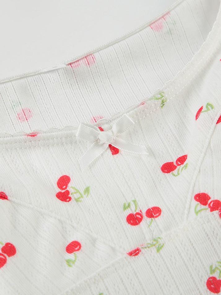 Aiertu  -  Cherry Print Bow U-Neck Crop Top Aiertu