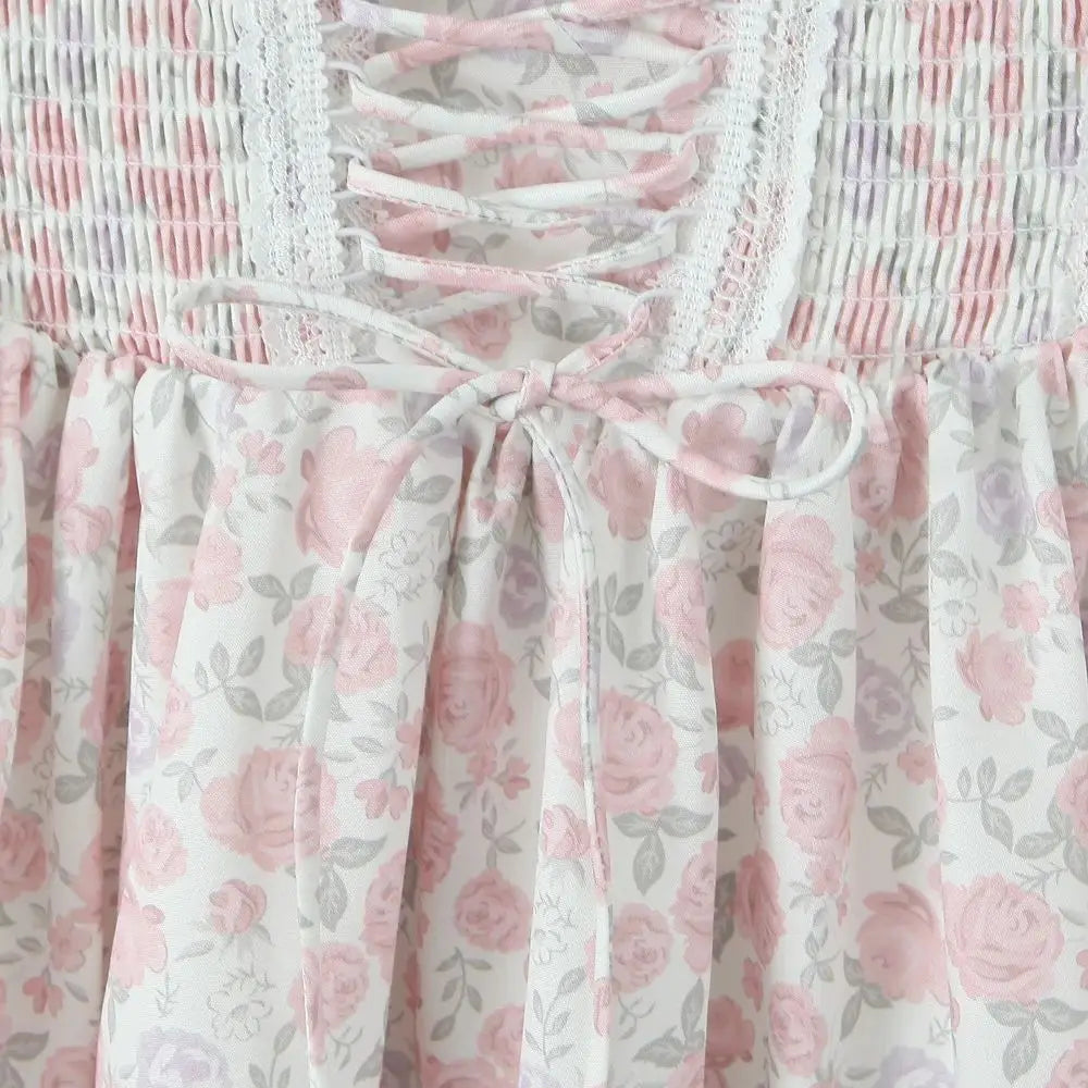 Aiertu  -  Sweet Floral Print Front Cross Lacing Up Front Slim Elastic Low Waist Tank Dress Women Swing A-lined Sling Dresses Robe Aiertu