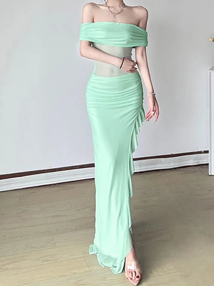 Aiertu  -Asymmetric Ruffle Off Shoulder Maxi Dress aiertu