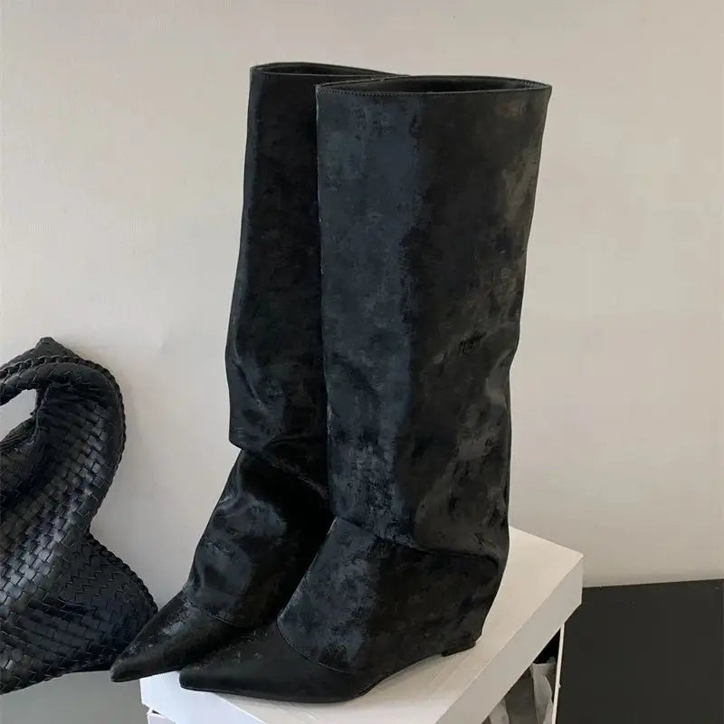 Aiertu    -  Black Wedges Long Boots Ladies Pointed Toe Chunky Shoe Fall Fashion Boots Designer Trousers wedges shoe woman Botas Altas Aiertu