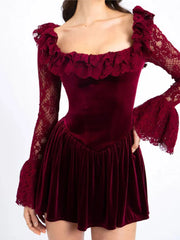 Aiertu  -  Chic Burgundy Lace Hollow Out Flared Sleeves Dress Fashion Women's Square Collar Backless Patchwork Dresses Lady Party Gown Aiertu