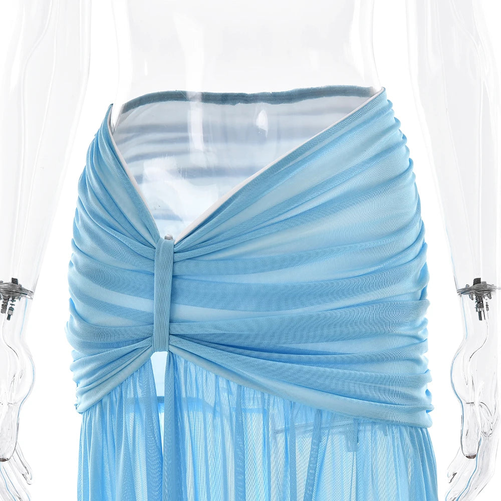 Aiertu  -  Sexy Mesh Patchwork Double-layer Pleated Women Suit Irregular Top Half Body Long Skirt Two-piece Set Party Beach Holiday Aiertu