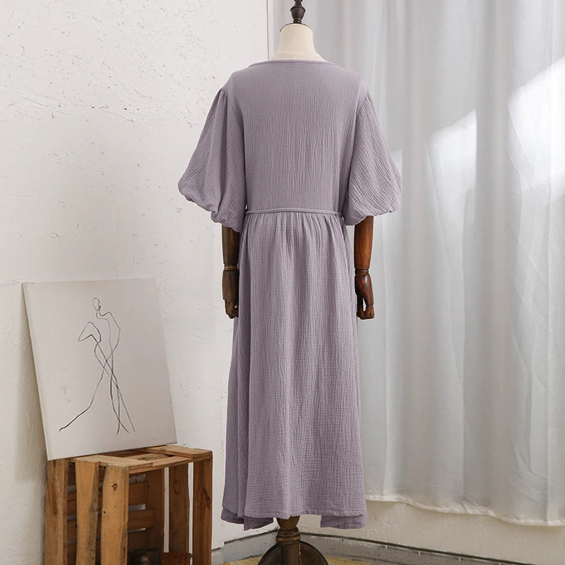 Aiertu  -   Gauze Long Dress For Women Sexy V-Neck Sweet Puff Sleeve Bandage Chic Elegant Party Beach Sundress Aiertu