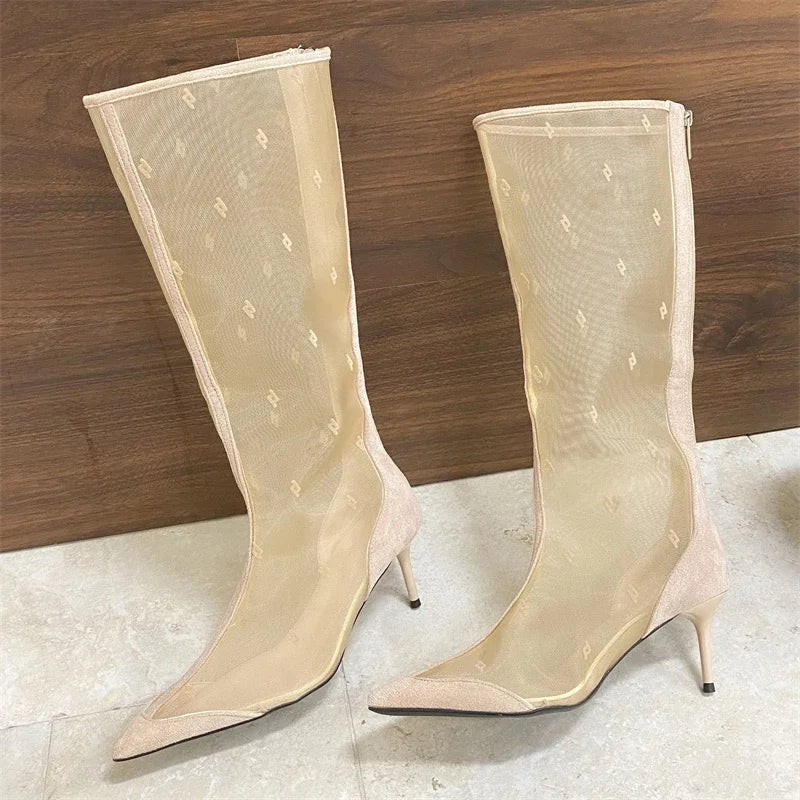 Aiertu  -   Autumn Street Style Design Breathable Mesh Women Knee-High Boots Pointed Toe Thin Low Heels Sandals Booties Ladies Shoes Aiertu