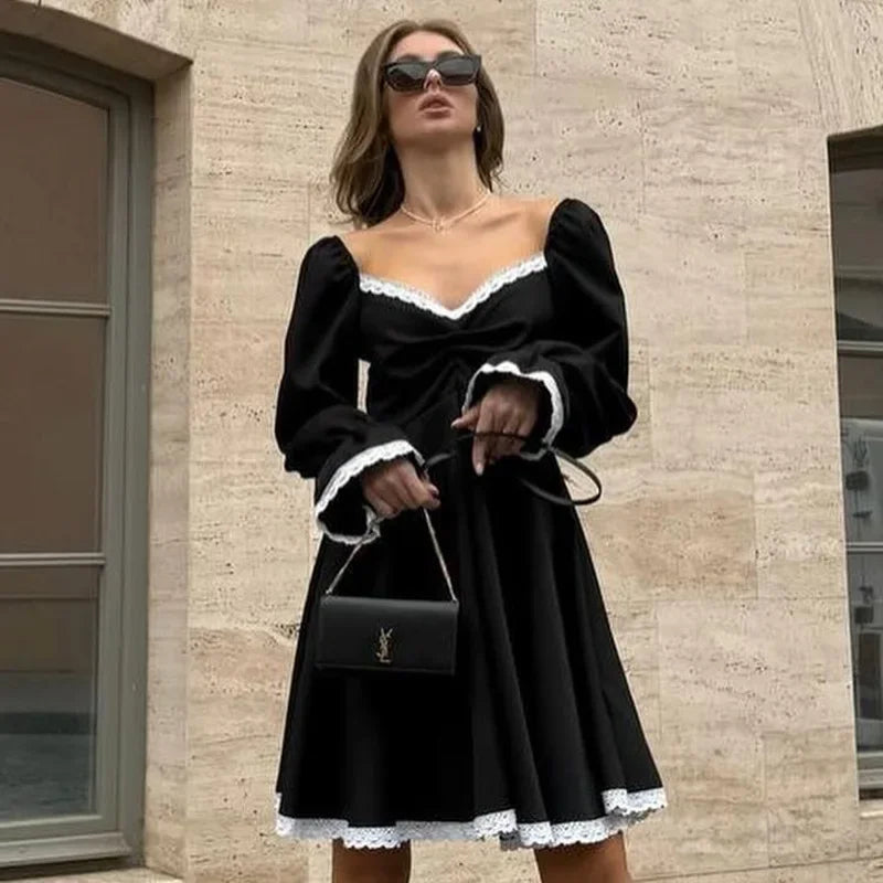 Aiertu       -  Lace Splice Big Hem Long Sleeve Dress Lady Eelgant Contrast Color Square Collar Fashion Club Party Dress Loose High Waist Aiertu
