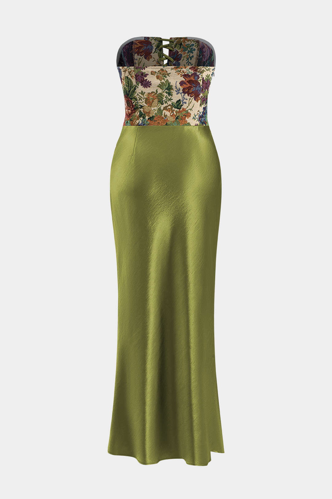 Aiertu  -  Satin Embroidery Ruched Drawstring Strapless Maxi Dress Aiertu