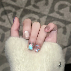 Aiertu  -  10pcs Short Square Round Handmade Fake Nail Wearable Colorful Smudge Design False Nail Flower Bow Nails Simple Press on Nails Aiertu