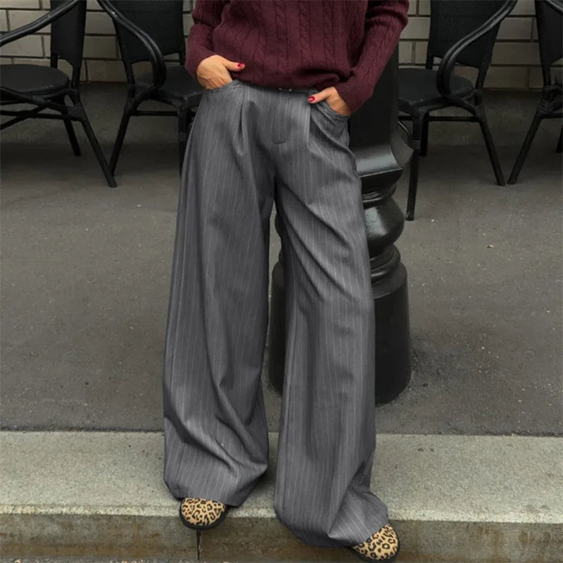 Aiertu  -  Commute Striped Pants Women High Waist Wide Leg Floor-length With Belt Pants Female 2025 Spring Summer Chic Street Lady Trousers Aiertu