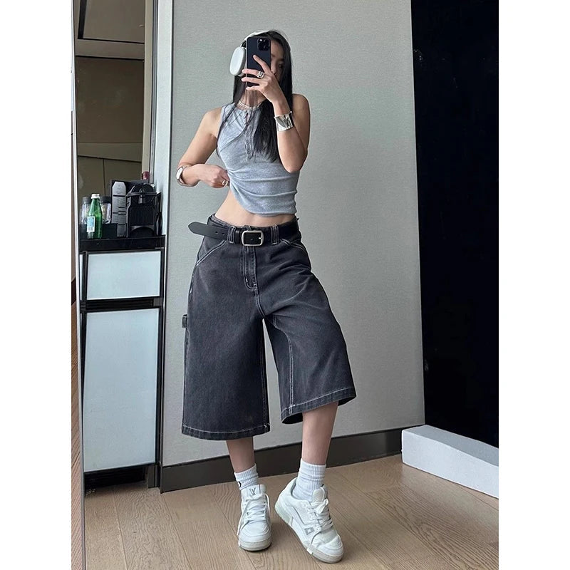 Aiertu  Women's Vintage Loose Wide Leg Street Denim Cropped Pants Summer Cargo Shorts Young Girl Casual Bottom Female Calf-length Pants Aiertu
