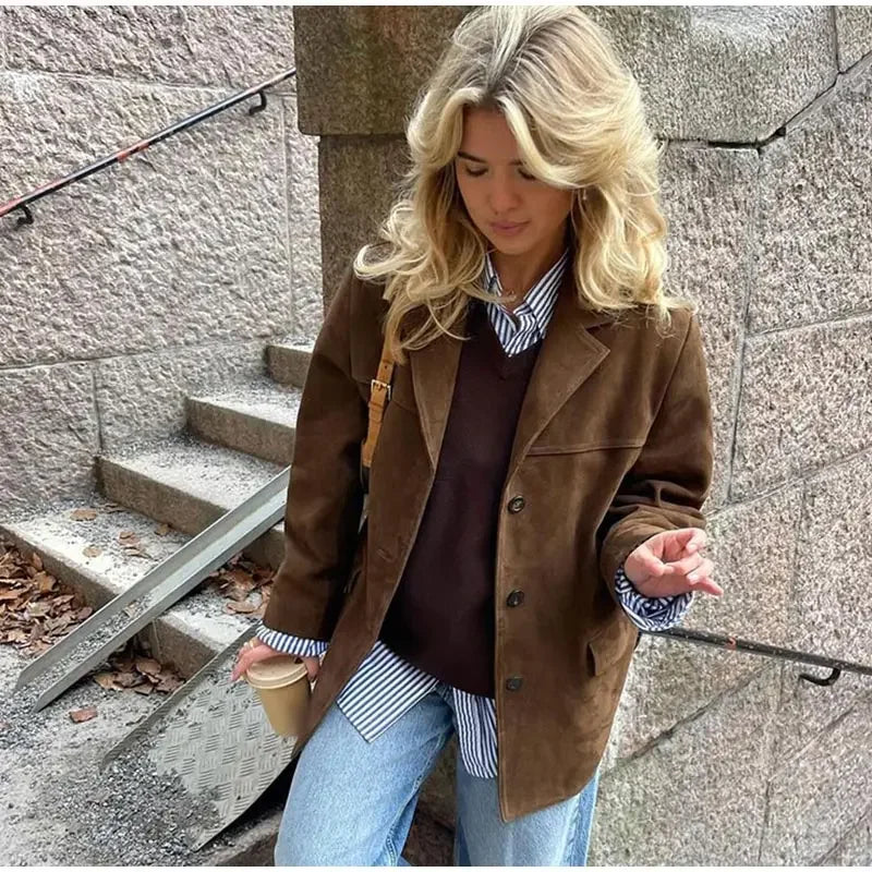 Aiertu  -  Vintage Faux Suede Lapel Coats Women Loose Single Breasted Pockets Blazer Jacket 2026 Autumn New Female Casual Chic Outwears Aiertu