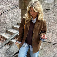 Aiertu  -  Vintage Faux Suede Lapel Coats Women Loose Single Breasted Pockets Blazer Jacket 2026 Autumn New Female Casual Chic Outwears Aiertu