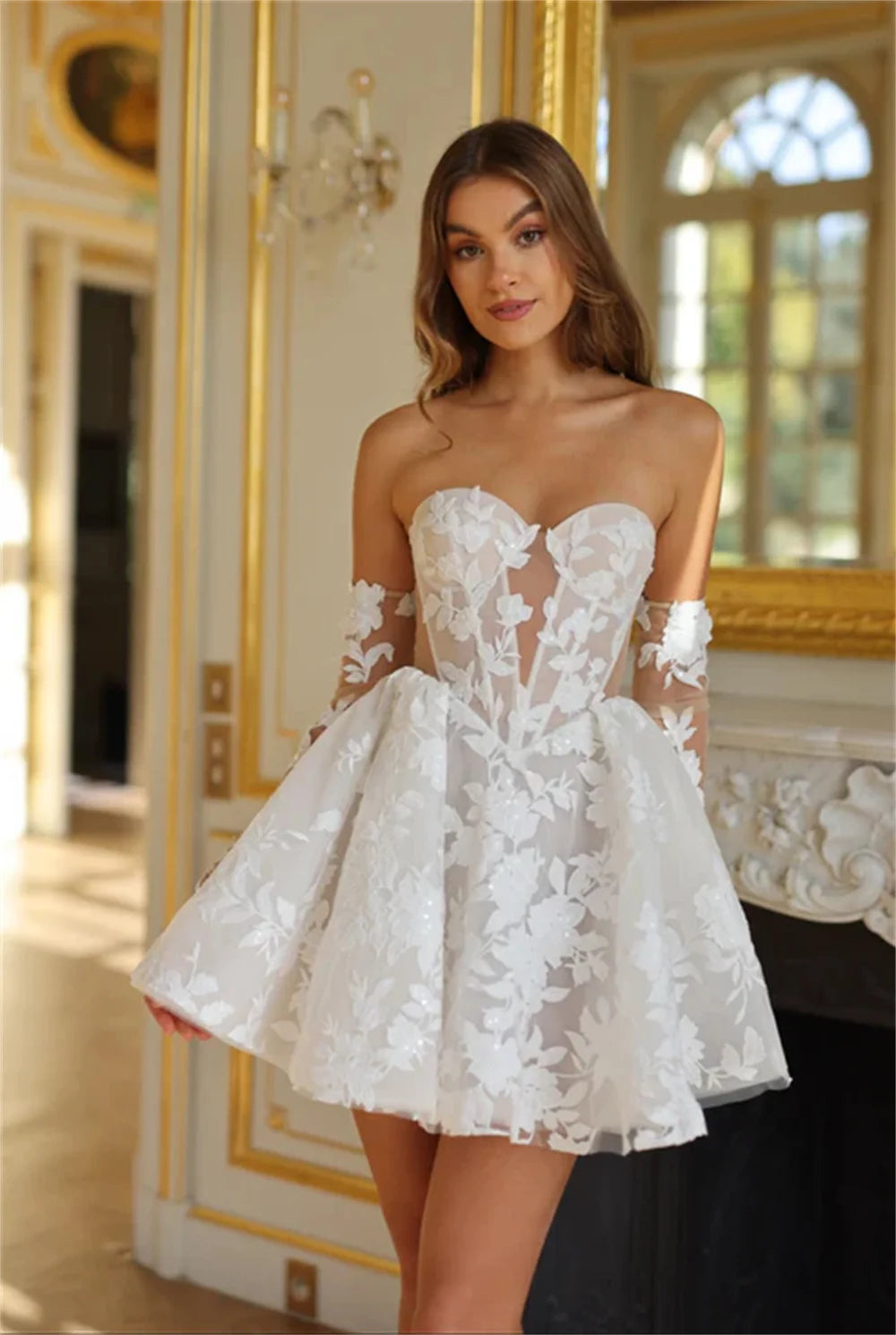 Aiertu  -  Popular Detachable Full Sleeves Sweetheart Full lace Applique Bridal Grown Short Wedding Dresses Custom Made Formal 2025 Vestido Aiertu