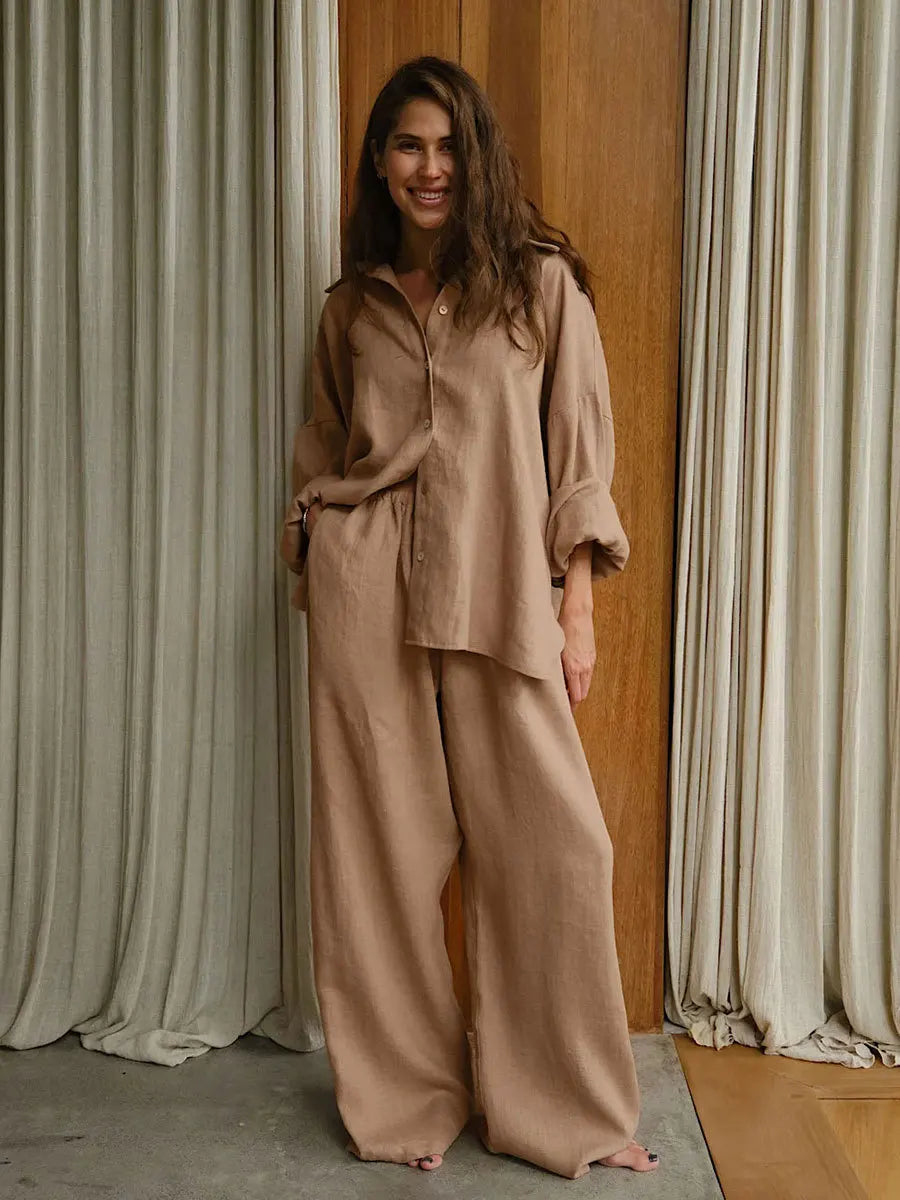 Aiertu  -  6-Colours 2pcs Casual Suit Women Clothing Loose Chic Polo Neck Long Sleeve Shirt Pants Suit Ladies Festival Outfit Aiertu