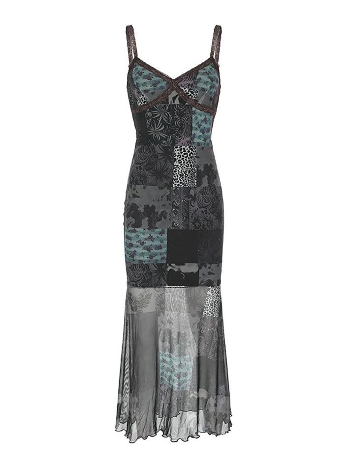 Aiertu  -Vintage Asymmetrical Print Mesh Cami Maxi Dress aiertu