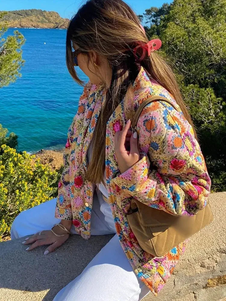 Aiertu  -  Casual Printed Patchwork Women Cotton Jackets Autumn Warm Stand Collar Long Sleeve Single Breasted Coats 2026 Lady Outwear Aiertu