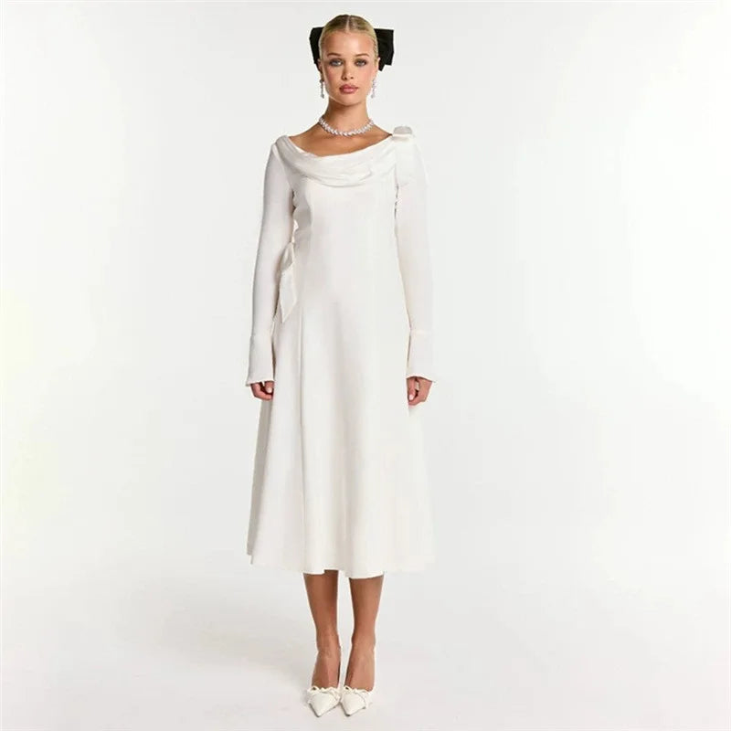 Aiertu       -  Sexy Backless Bow Long Sleeve Slim Dress For Women Stack Neck Elegant Draped Maxi Party Dresses Female Autumn New 2026 Aiertu