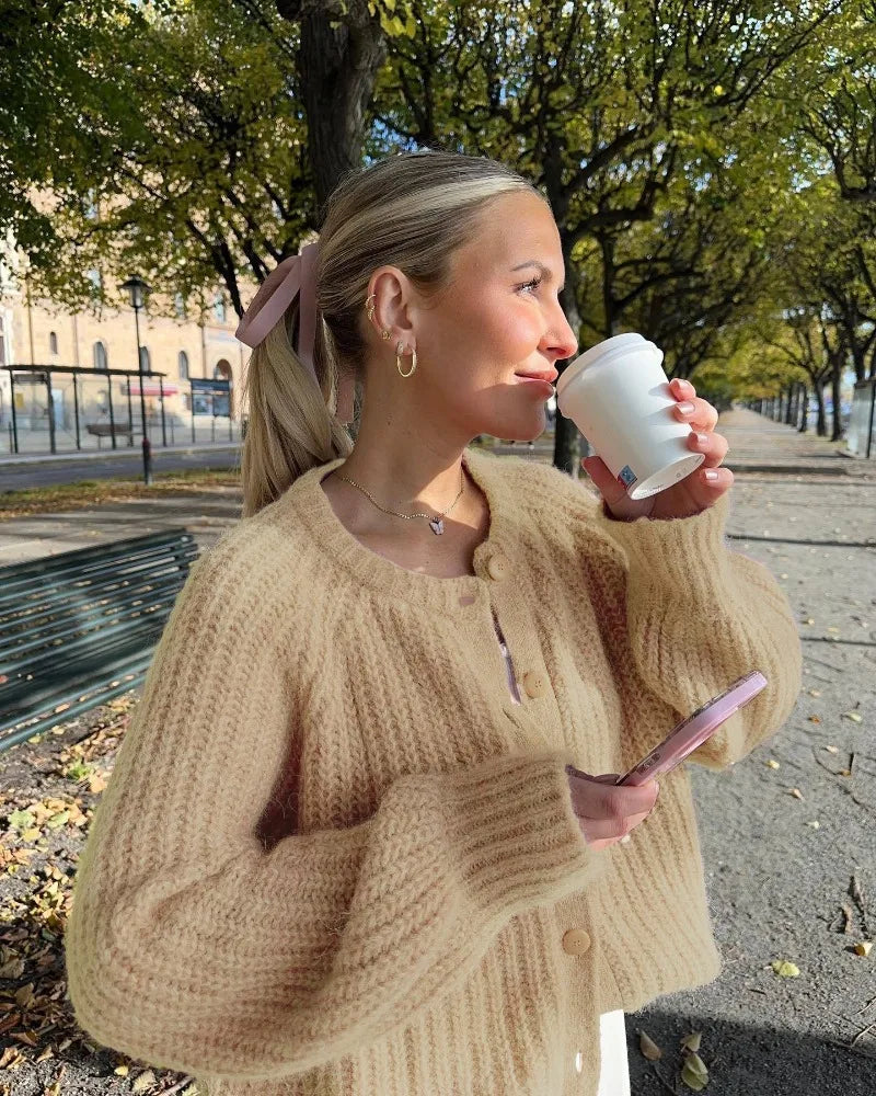 Aiertu  -  Solid Color Loose Round Neck Single Breasted Sweater European and American Fashion Knitted Cardigan Harajuku Y2k Long Sleeve Top Aiertu