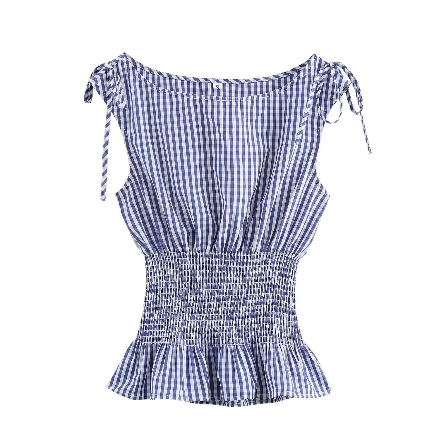 Aiertu  -  3 colors Retro French Style Bow Shoulder Gingham Plaid Sleeveless Tanks Top Women Summer Ruched Elastic Slim Waist Girl Crop Tee Aiertu