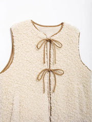 Aiertu  -  Fleece Vest Women Casual Loose Round Neck Lace Up Hollow Out Sleeveless Coats Female Autumn Winter Fashion Solid Vests Lady Aiertu