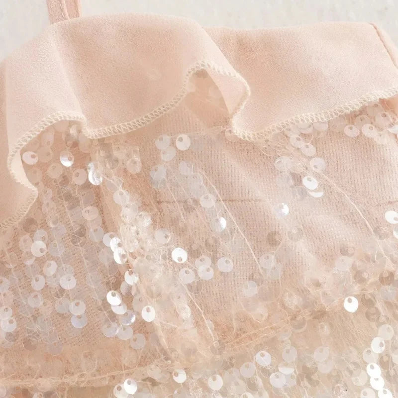 Aiertu  -  Women Chic Ruffles Sequined Design Chiffon Sling Camis 2025 New Lady Backless See Through Short Crop Shirt Blouse Tank Tops Aiertu
