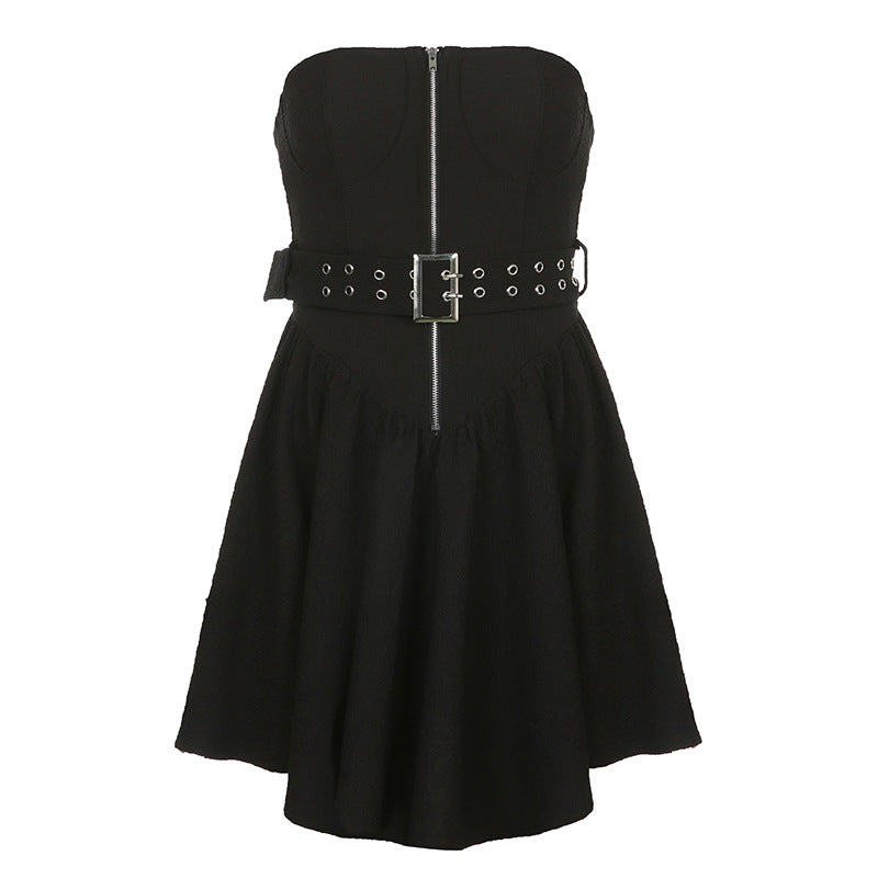 Aiertu - Metal Buckle Belt Draped Hem Irregular A Swing Dress Aiertu