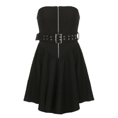 Aiertu - Metal Buckle Belt Draped Hem Irregular A Swing Dress Aiertu