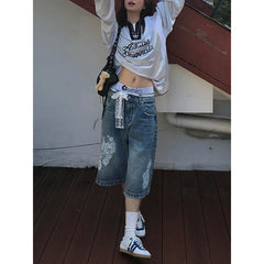 Aiertu  Summer Vintage Women's Lace Printed Blue Denim Shorts Young Girl Casual High Waist Bottom Female Loose Capris Calf-length Pants Aiertu