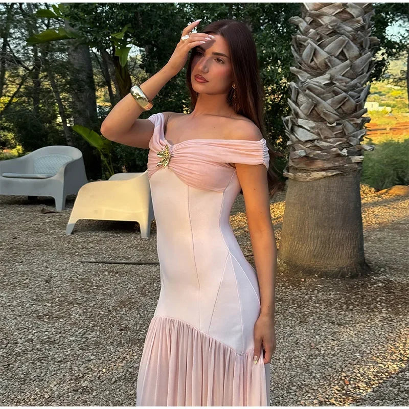 Aiertu  -  Elegant Slash Neck Pleated Mesh Patchwork Dress Women Fold Sleeveless Backless Chic Summer 2025 Robe Slim Sexy Party Dresses Aiertu