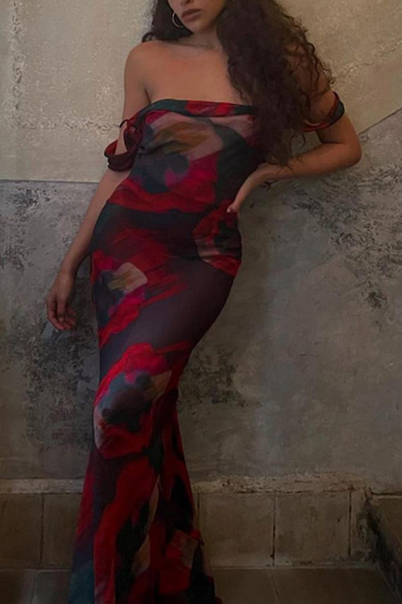 Aiertu  -  Fashion Print Patchwork Spaghetti Strap Trumpet Mermaid Dresses Aiertu