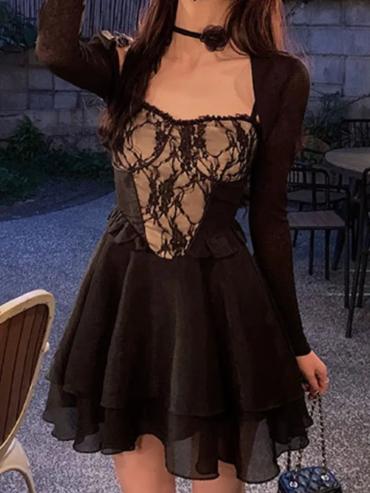 Aiertu Summer Black Chic Dress Women Lace Patchwork Sexy Party Mini Dresses Female Designer Korean Fashion Fluffy Elegant Dresses 2025 Aiertu