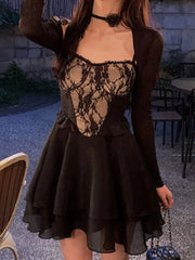 Aiertu Summer Black Chic Dress Women Lace Patchwork Sexy Party Mini Dresses Female Designer Korean Fashion Fluffy Elegant Dresses 2025 Aiertu