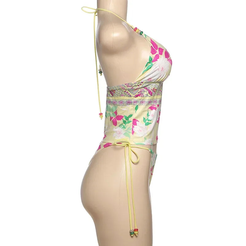Aiertu  -  Print Beads Lace Up Holiday Beach 2 Piece Set 2026 Summer Women Sexy V-neck Halter Backless Camis Crop Top + Briefs Bathing Suit Aiertu