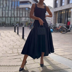 Aiertu  -  Maxi Dress Women Summer Casual Fashion Square Neck Print Suspender Sleeveless Pleated Backless Party Maxi Dresses Aiertu