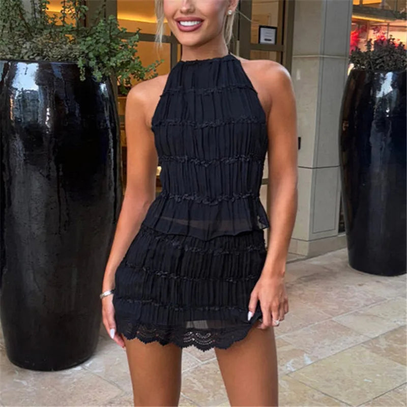 Aiertu  -  Two Piece Skirt Sets for Women Y2k Lace Sheer Mesh Ruched Halter Top Smocked Mini Skirt Summer Beach Matching Outfits Aiertu