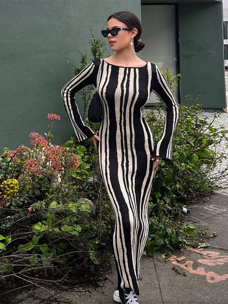 Aiertu  -  Women Chic Striped Printed Knitted O-neck Dresses Elegant Contrasting Color Long Sleeve Bodycon Dress 2026 Lady Party Streetwear Aiertu