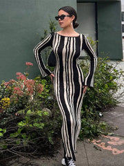 Aiertu  -  Women Chic Striped Printed Knitted O-neck Dresses Elegant Contrasting Color Long Sleeve Bodycon Dress 2026 Lady Party Streetwear Aiertu