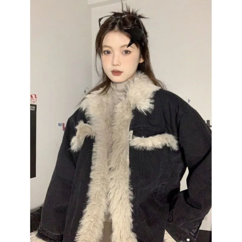 Aiertu  -  American Retro Fur Collar Black Cardigan Denim Jacket Women Autumn Winter New Plush Thickened Fashion Street Casual Jacket Aiertu