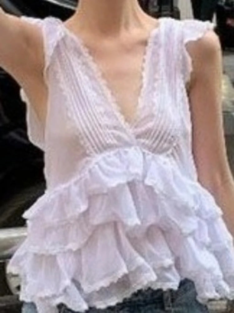 Aiertu  -  Y2k Aesthetic Sweet Fairy Tank Top Harajuku Lace Patchwork Ruffled Camisole 2026 Summer Grunge Backless Bandage Cropped Tanks Aiertu
