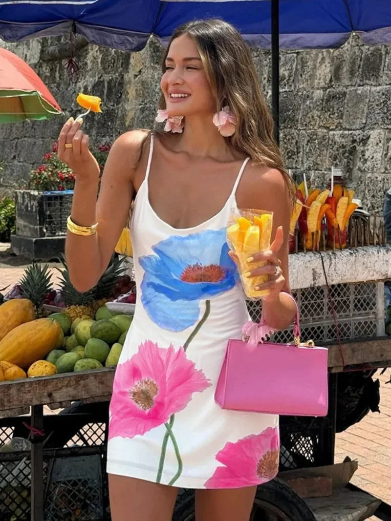 Aiertu  -  Woman Clothes Floral Print Mesh Slip Dress Y2K Streetwear 2026 Summer Lady Sleeveless Backless White Short Holiday Beach Dresses Aiertu