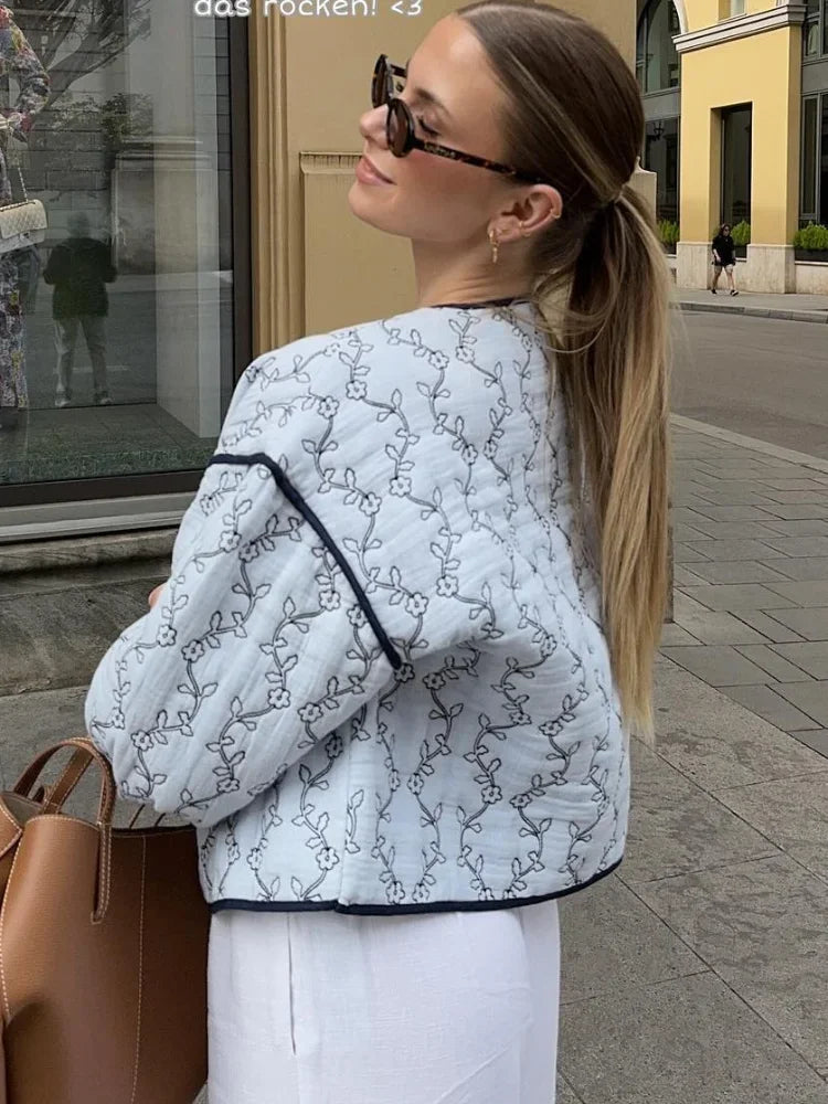 Aiertu  -  Elegant Blue Floral Printed V-neck Quilted Coats Women Fashion Cropped Buttons Oversized Jackets 2026 Autumn Lady Warm Outerwear Aiertu