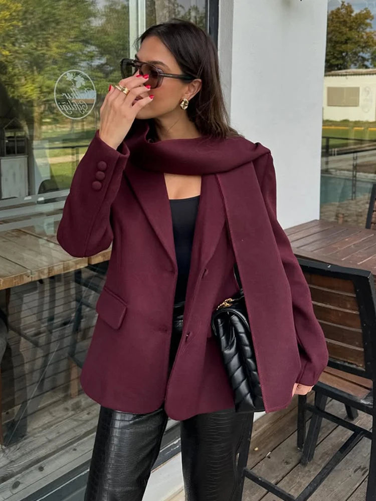Aiertu  -  Fashion Woolen Blazer Jacket With Scarf Women's Loose Solid Pockets Long Sleeve Suits Coat Office Lady Versatile Outwear Aiertu