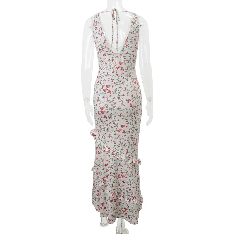 Aiertu  Floral Print Sexy V Neck Ruffles Elegant Bodycon Maxi Dresses Spring Fashion Holiday Streetwear Party Women Vestidos Aiertu