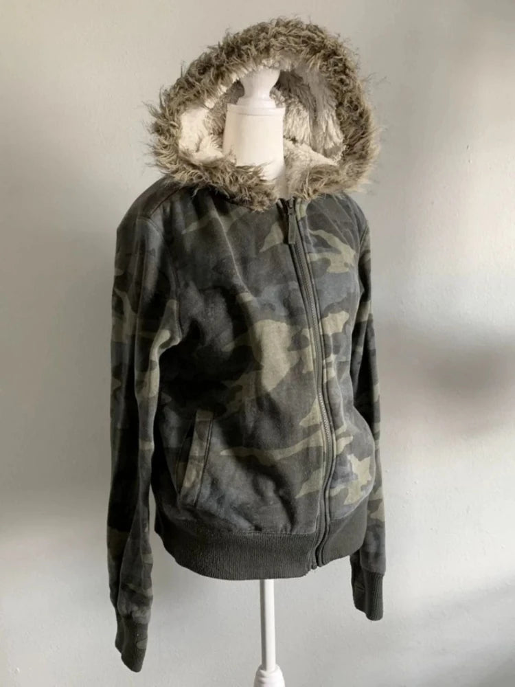 Aiertu  -  Harajuku Casual Fur Patchwork Hooded Hoodies Women Y2k Aesthetic Camouflage Streetwear Hoody Grunge Zippers Slim Fit Sweatshirts Aiertu