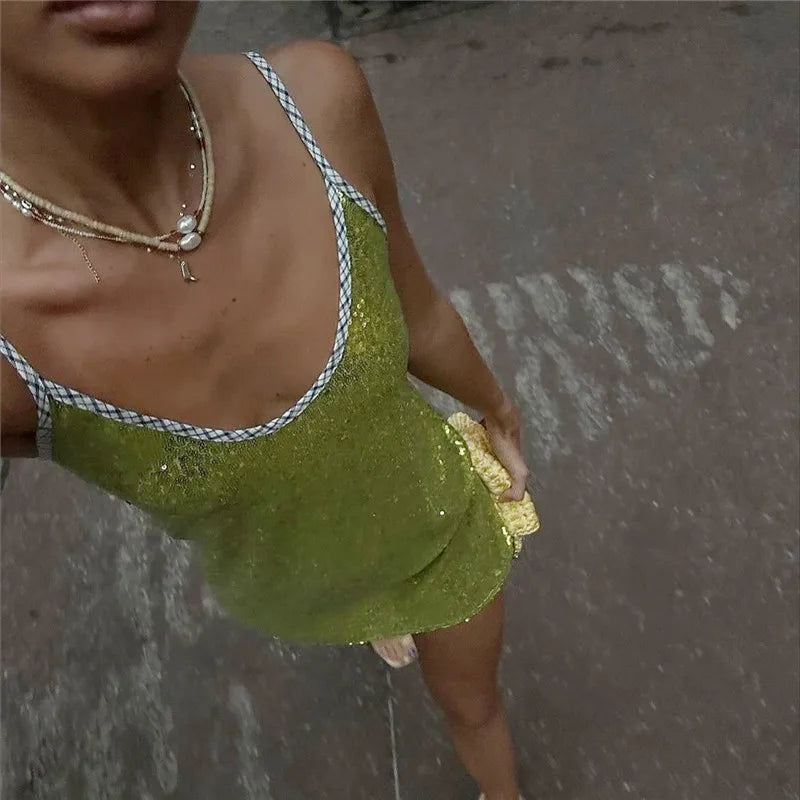 Aiertu  -  Sequin Glitter Mini Dress Summer Sleeveless Spaghetti Strap Camis Dress Women Sexy Club Party Rave Sparkly Dress Aiertu
