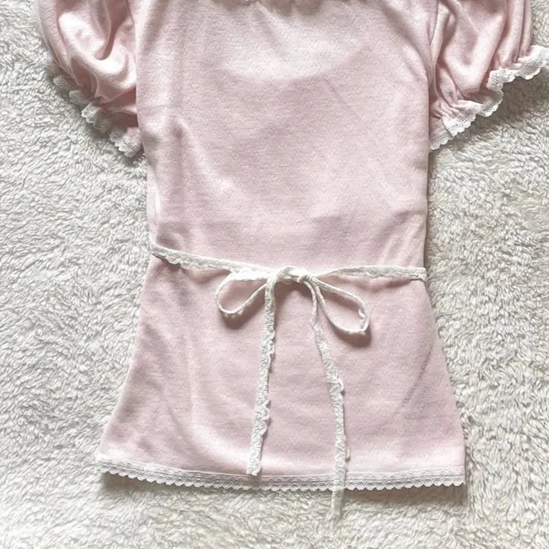 Aiertu  -  Kawaii Pink T Shirt Women Japanese Cute Bow Lace Up Tops Summer Y2K Korean Fashion Lace Patchwork Puff Short Sleeve Tees Aiertu